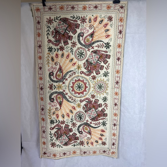 India elephant bird embroidered tapestry table cover art - Picture 2 of 4